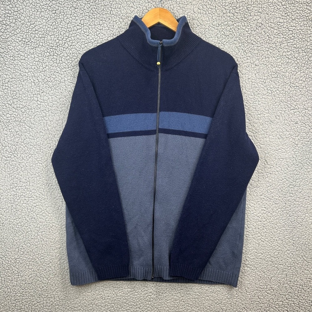 Vtg Celio Sweater Jacket Men's XL‎ Navy Blue Color Block 100% Lambswool Full Zip